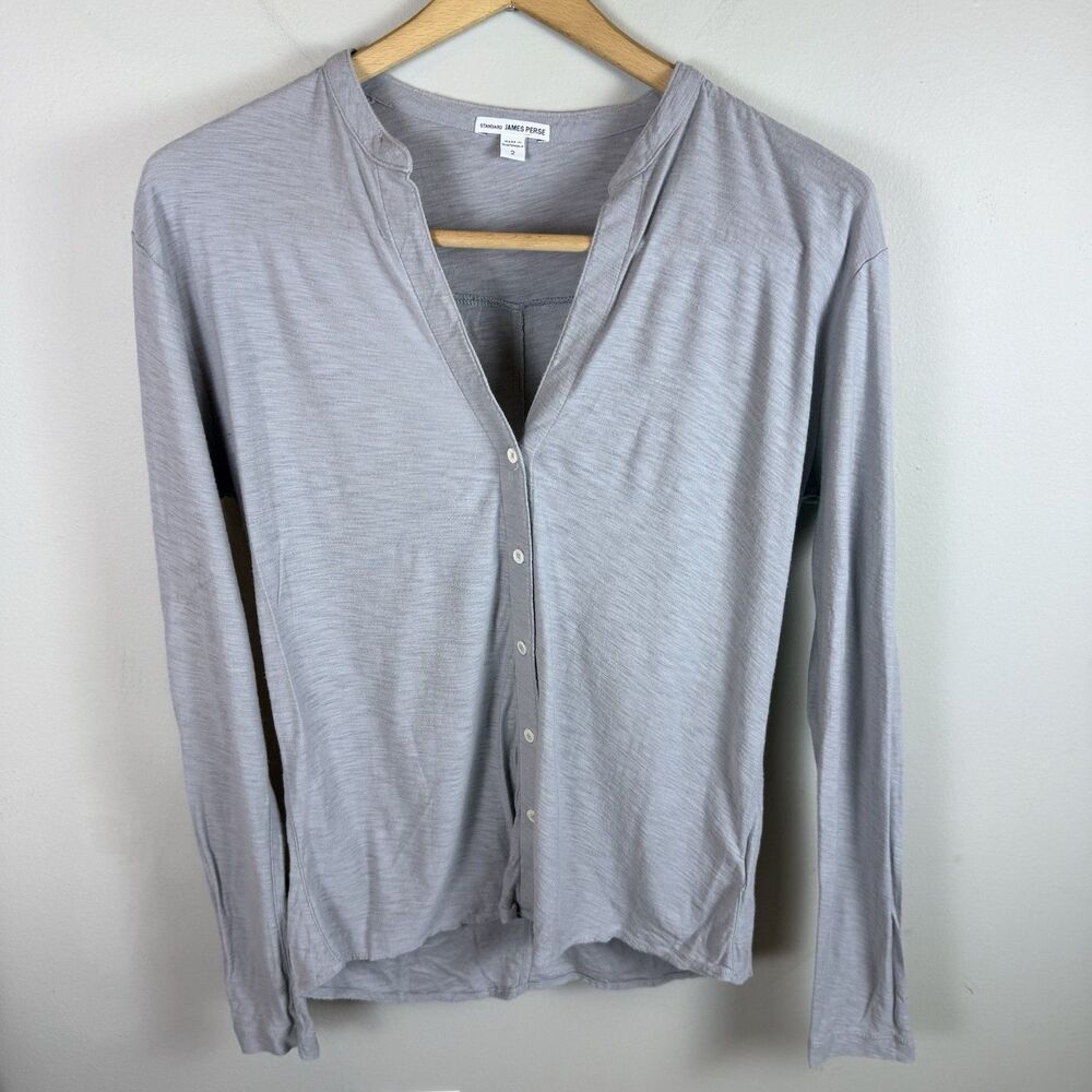 Standard James Perse Gray Slub Cotton Modal Button Down V-Neck Shirt Size 2 Med